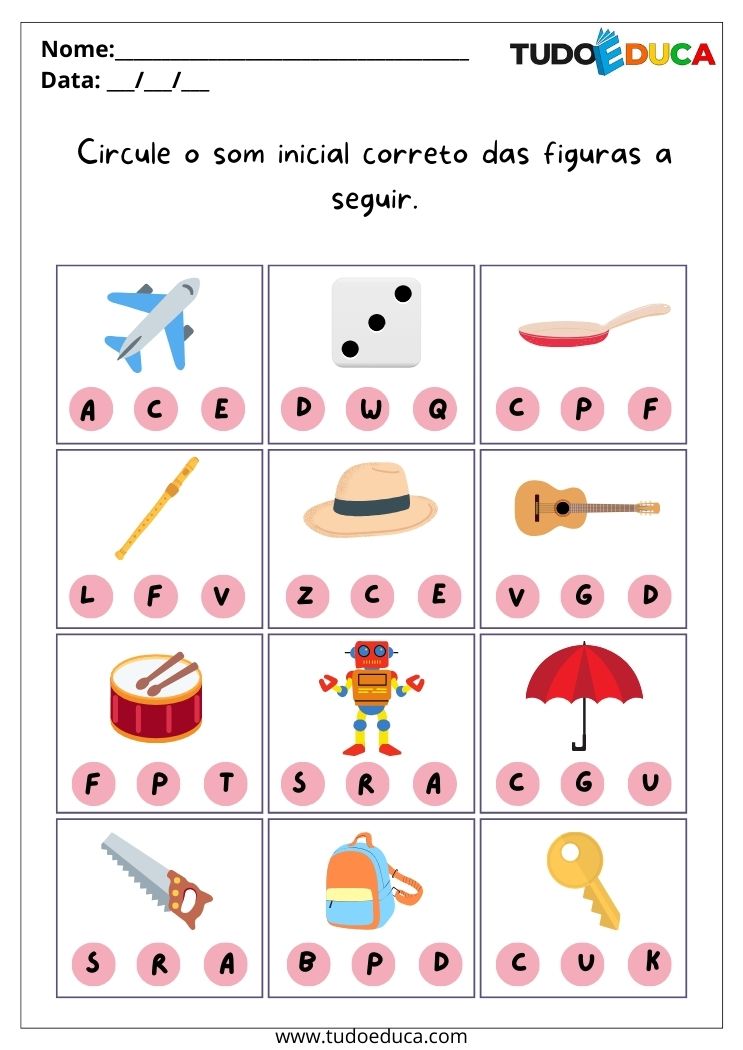Atividade para alunos com autismo para imprimir circule a letra inicial de cada figura