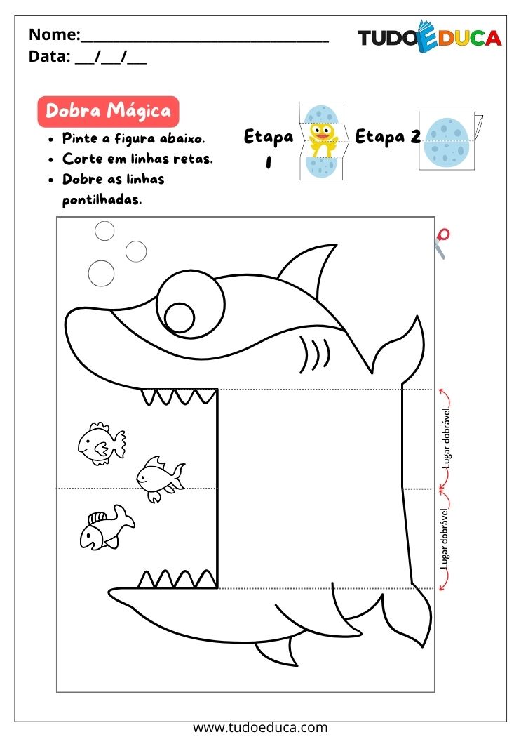 Atividade para as férias autismo pinte o tubarão e faça as dobras corretas