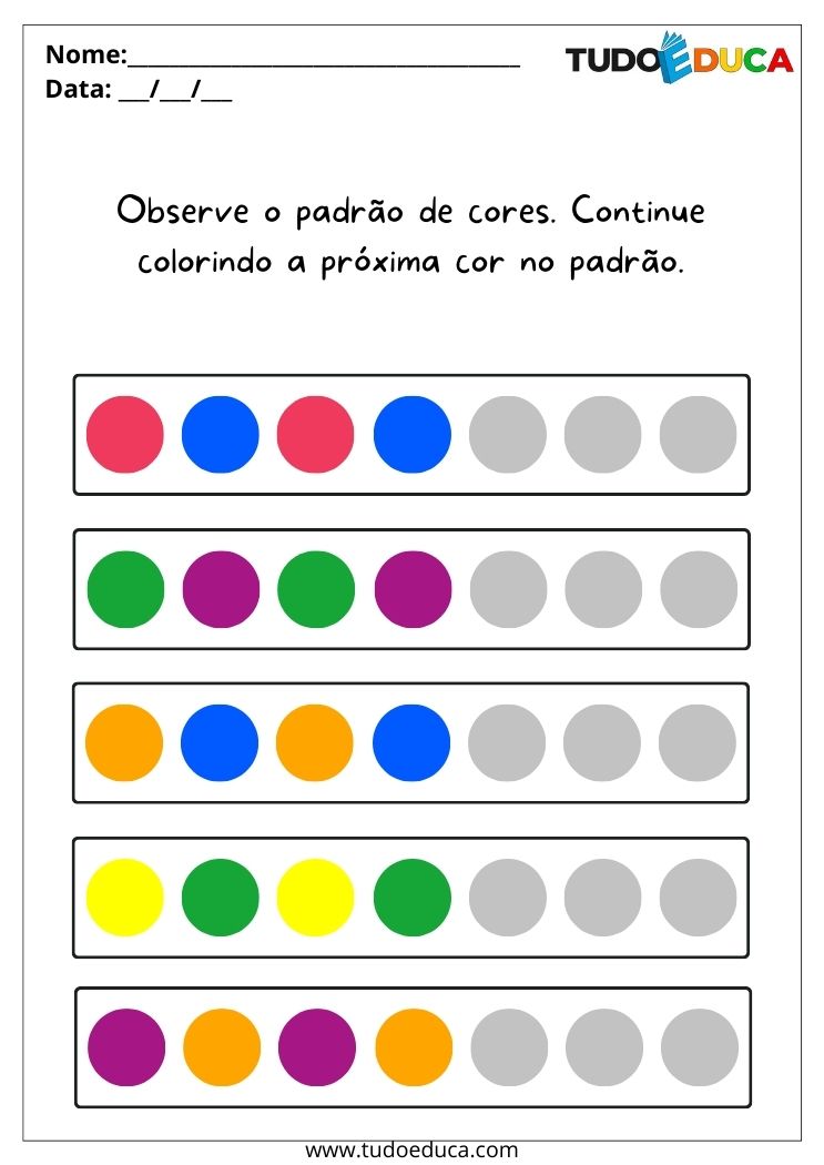 Atividade para autismo com cores continue colorindo com o padrão de cores para imprimir