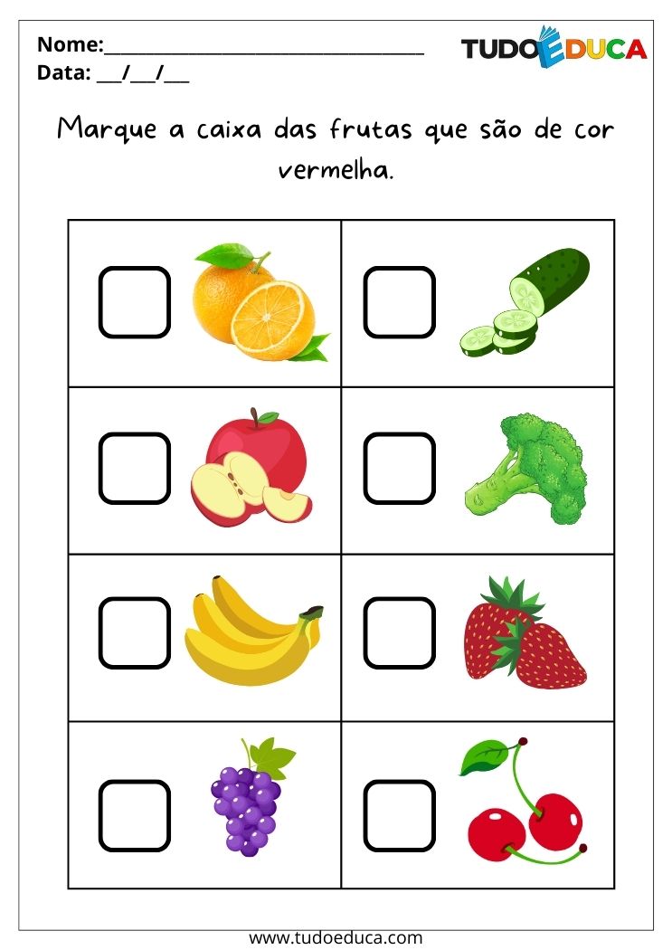 Atividade para autismo com cores marque a caixa das frutas vermelhas para imprimir