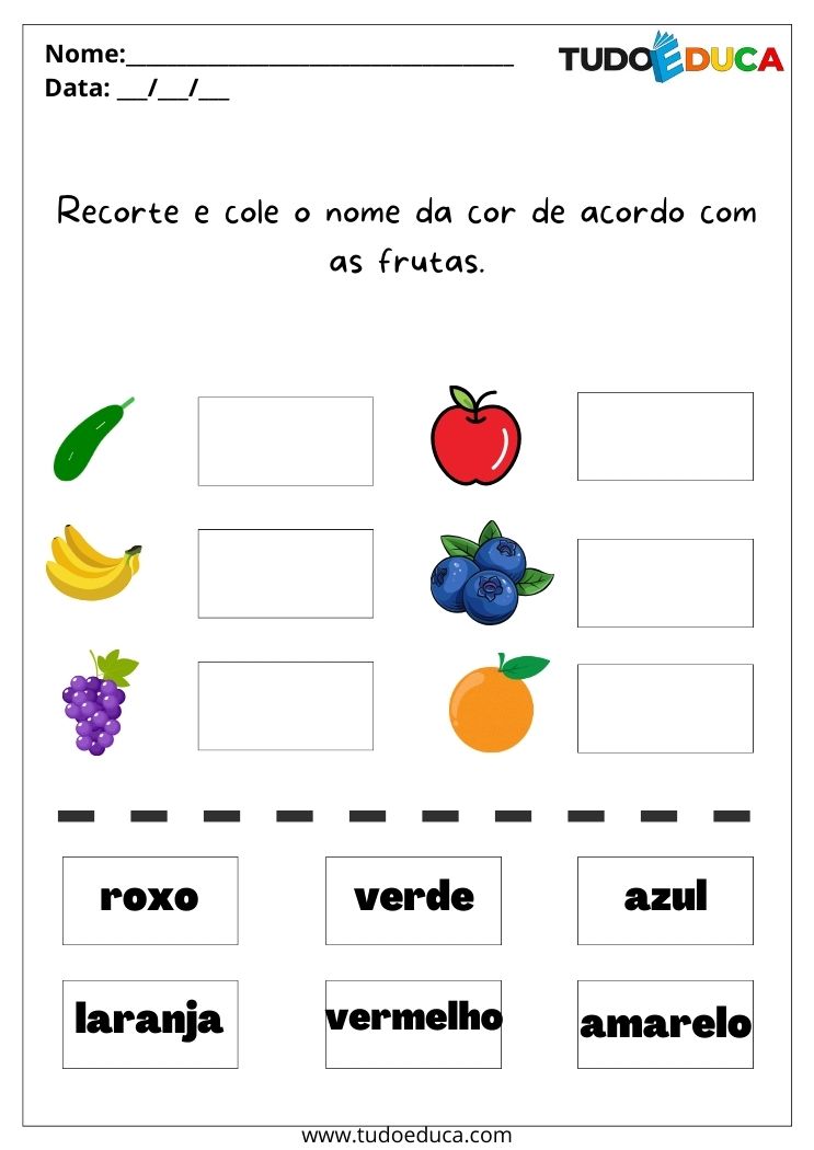Atividade para autismo com cores recorte e cole o nome da cor de acordo com as frutas para imprimir