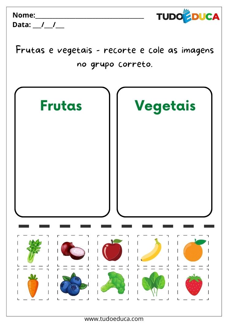 Atividade de alimentos para alunos com autismo separe as frutas dos vegetais para imprimir