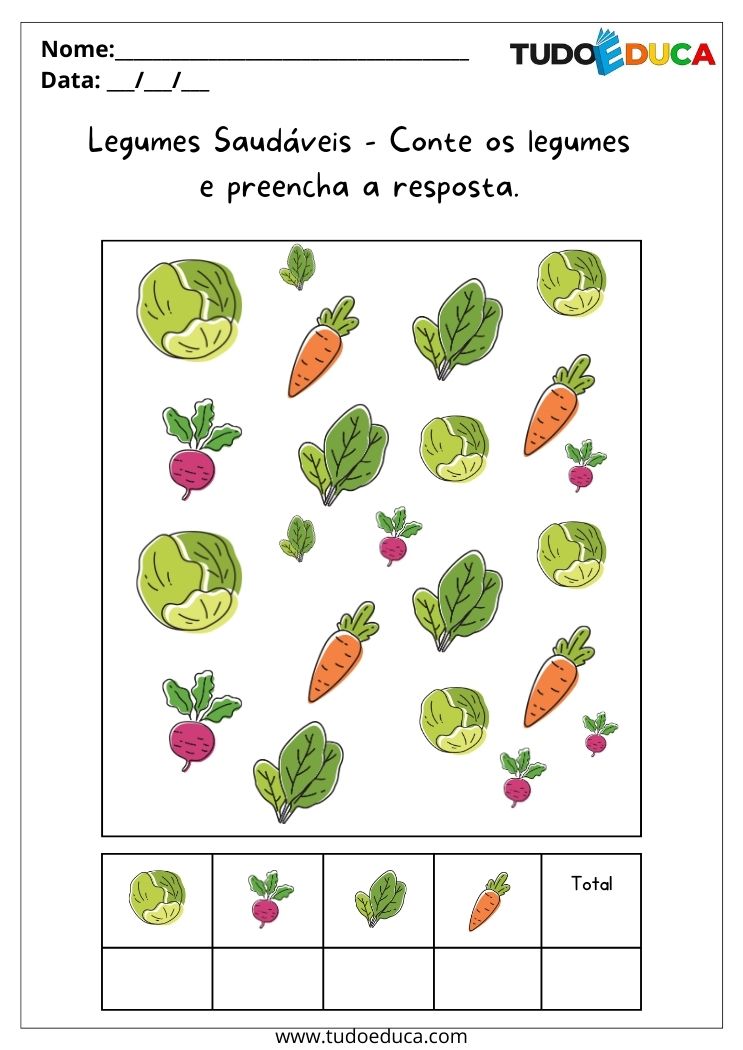 Atividade para Autismo 4 Anos conte e escreva a quantidade dos legumes