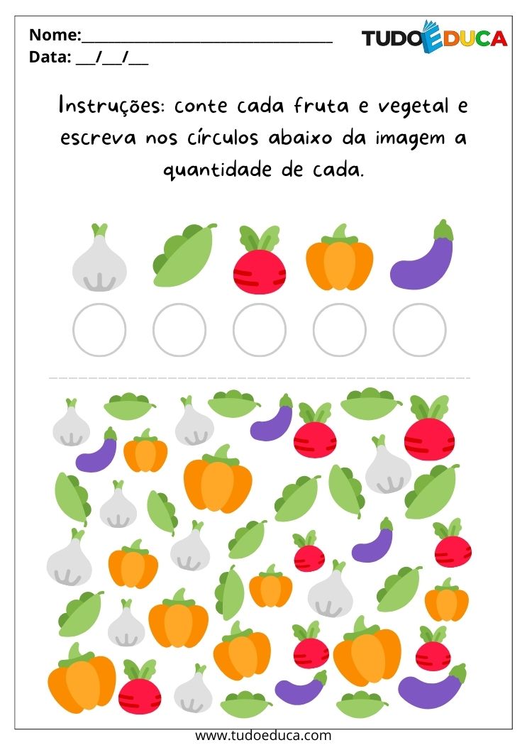 Atividade com Frutas e Vegetais para Alunos com Autismo conte a quantidade e escreva o resultado