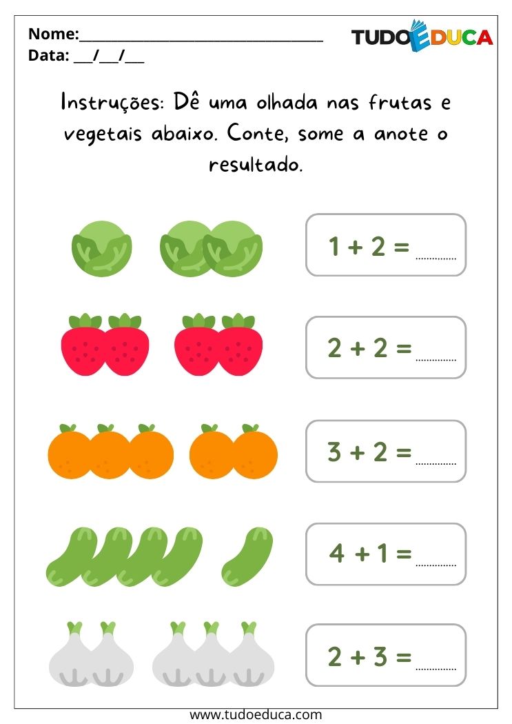 Atividade com Frutas e Vegetais para Alunos com Autismo conte, some e escreva a quantidade de frutas e vegetais