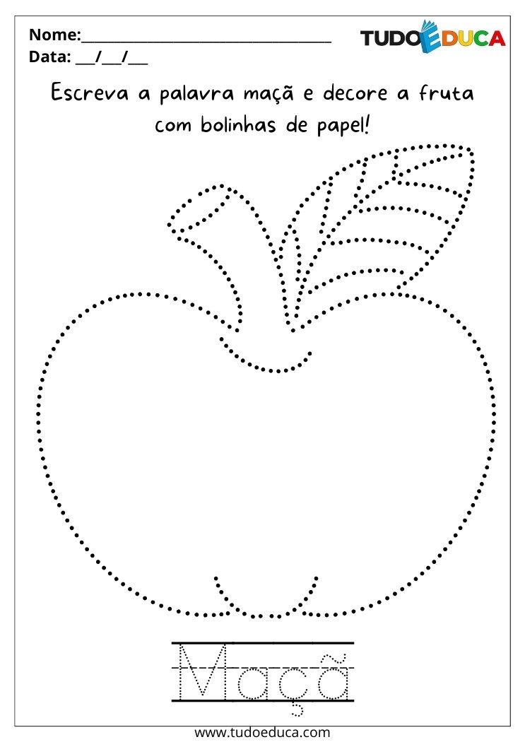 Atividade com Frutas e Vegetais para Alunos com Autismo decore a maçã com bolinhas de papel e trace a palavra