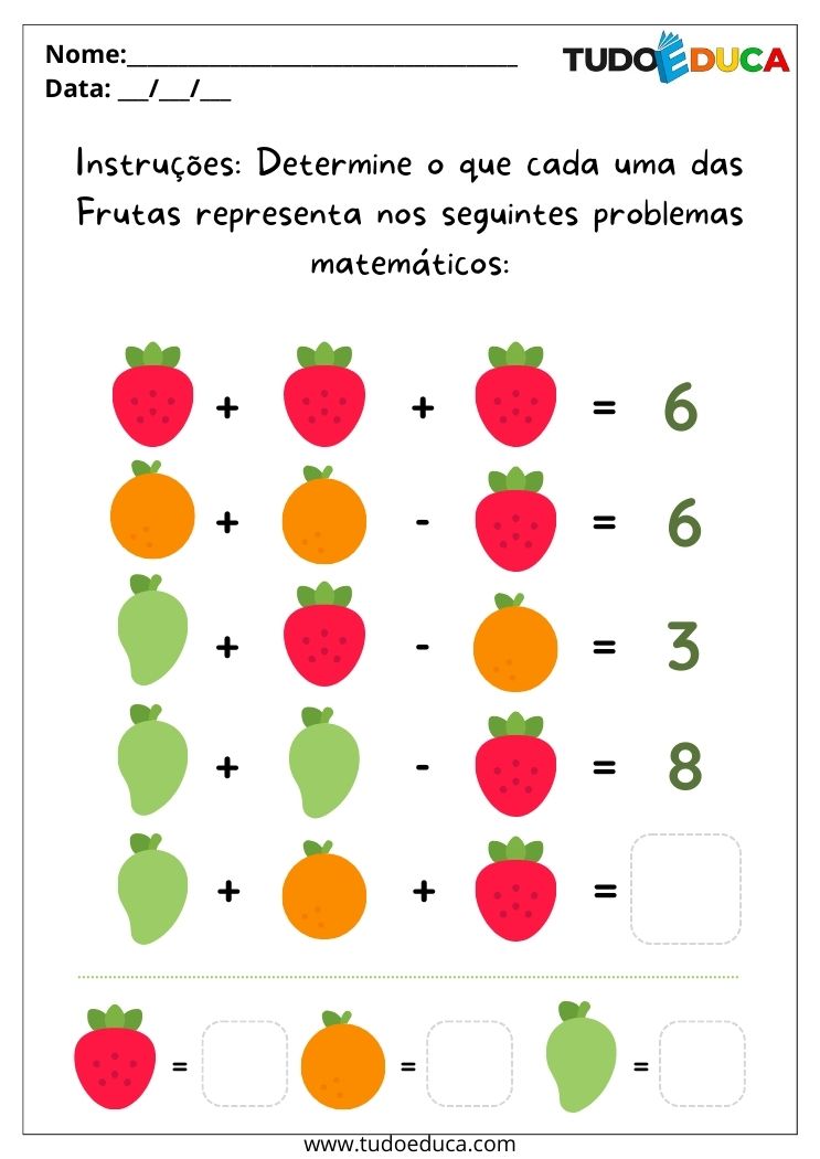 Atividade com Frutas e Vegetais para Alunos com Autismo descubra o número que cada fruta representa