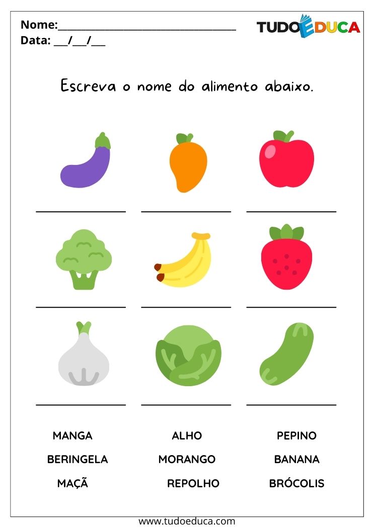 Atividade com Frutas e Vegetais para Alunos com Autismo escreva o nome correto abaixo