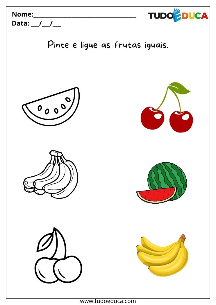 Atividade com frutas e cores para autista ligue as frutas iguais e pinte as figuras