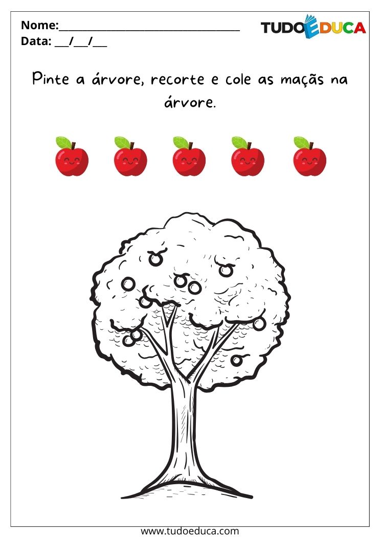 Atividade com frutas e cores para autista pinte a árvore e recorte e cole as maçãs