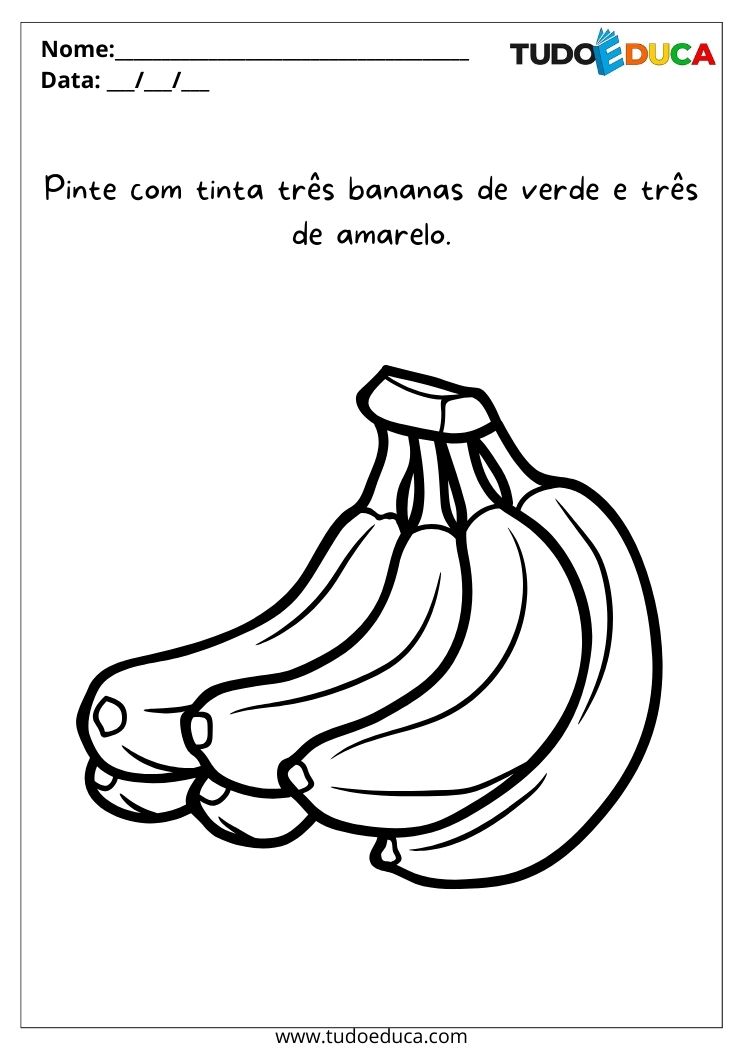 Atividade com frutas e cores para autista pinte três bananas de verde e três de amarelo