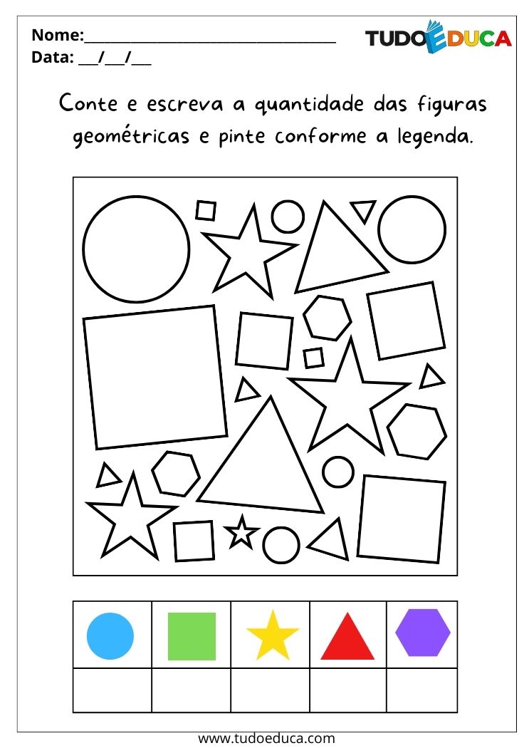 Atividade com números e adição para autistas conte e escreva a quantidade das figuras geométricas para imprimir