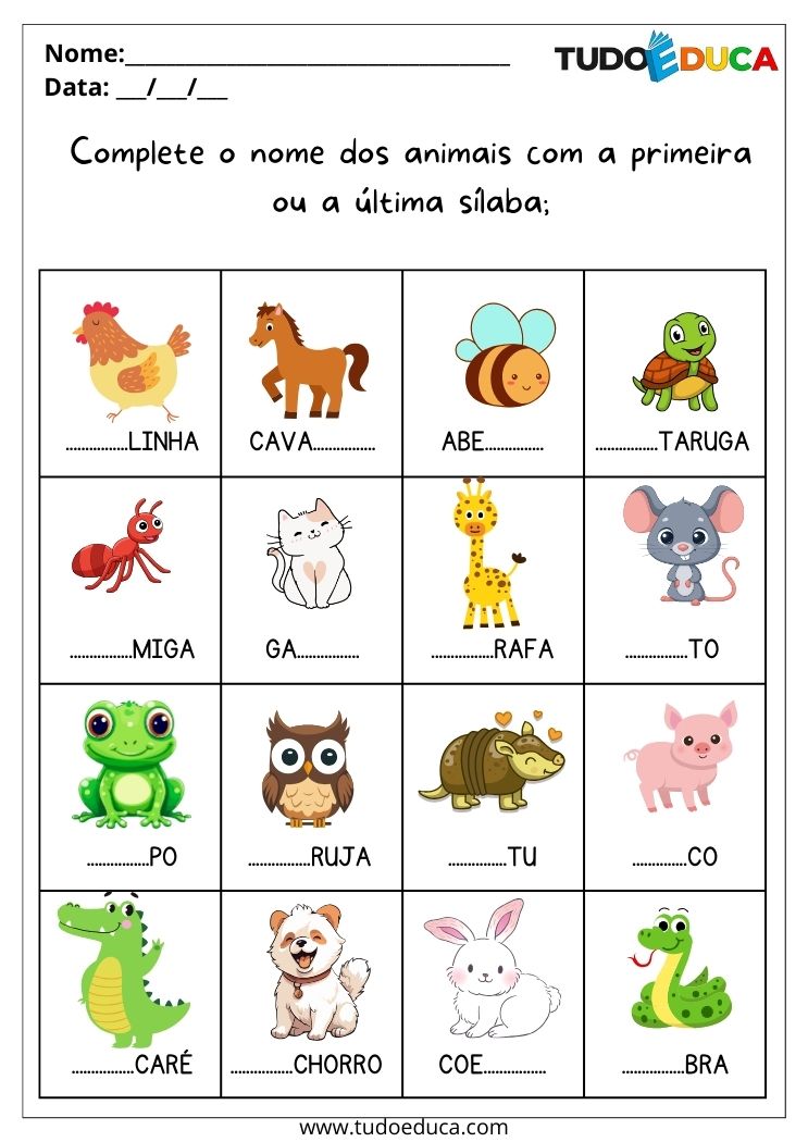 Atividade com sílabas para autista complete o nome dos animais para imprimir