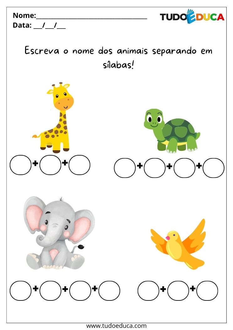 Atividade com sílabas para autista escreva o nome dos animais separando em sílabas para imprimir