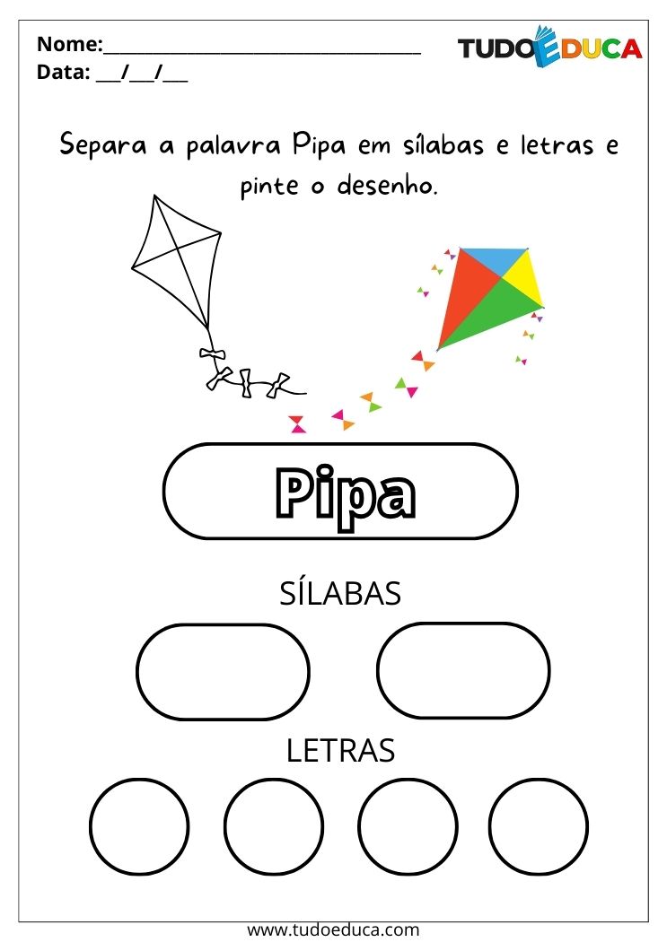 Atividade com sílabas para autista para imprimir separe a palavra pipa em sílabas