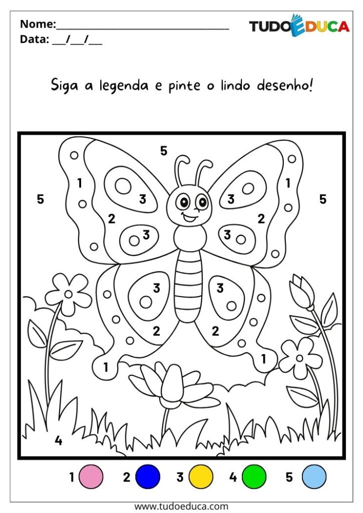 Atividade de Educação Inclusiva para TDAH pinte a borboleta usando as cores indicadas pelos números