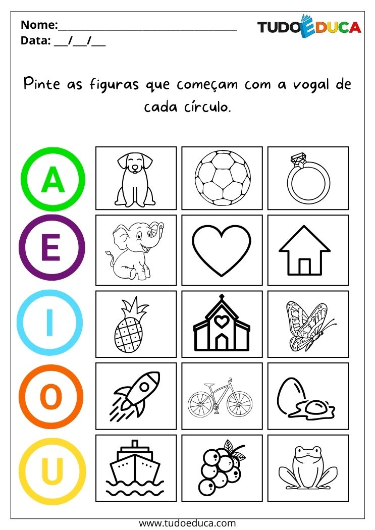 Atividade de Educação Inclusiva para TDAH pinte as figuras que começam com as vogais ao lado