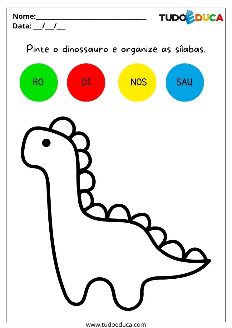 Atividade de Educação Inclusiva para TDAH pinte e organize as sílabas e pinte o dinossauro