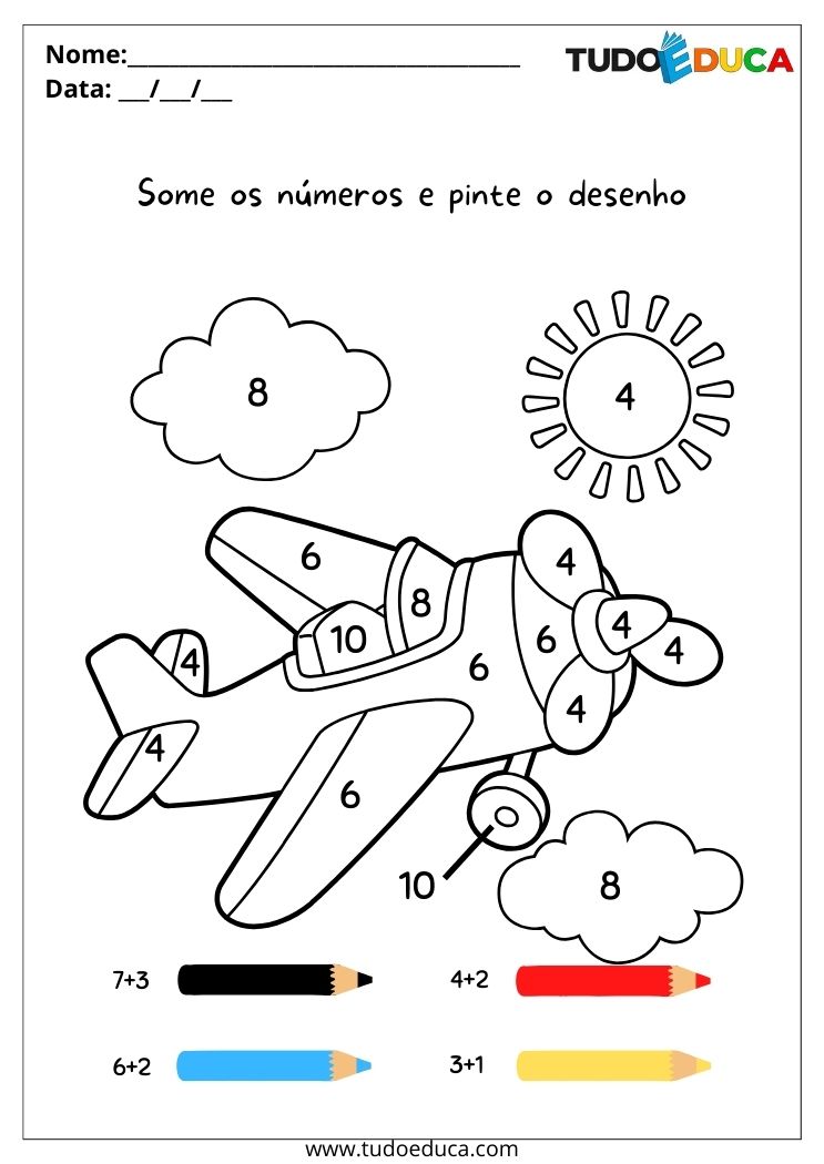 Atividade de Educação Inclusiva para TDAH pinte o desenho do avião após resolver as somas