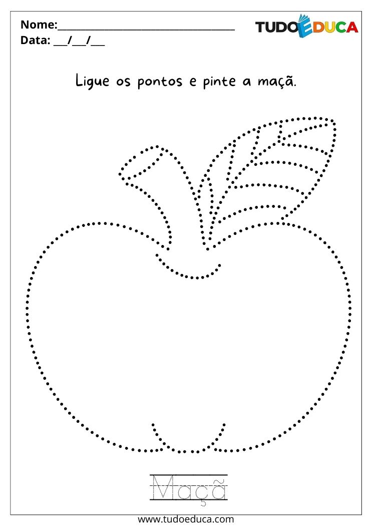 Atividade de coordenação motora para TDAH trace a palavra, ligue os pontos e pinte a maçã