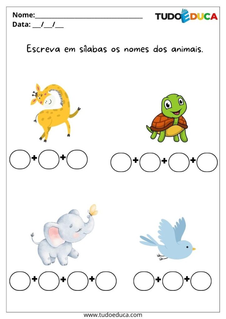 Atividade de educação inclusiva para autistas escreva o nome dos animais separado por sílabas