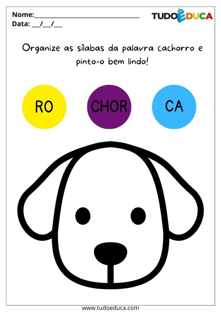 Atividade de educação inclusiva para autistas organize as sílabas e pinte o cachorro