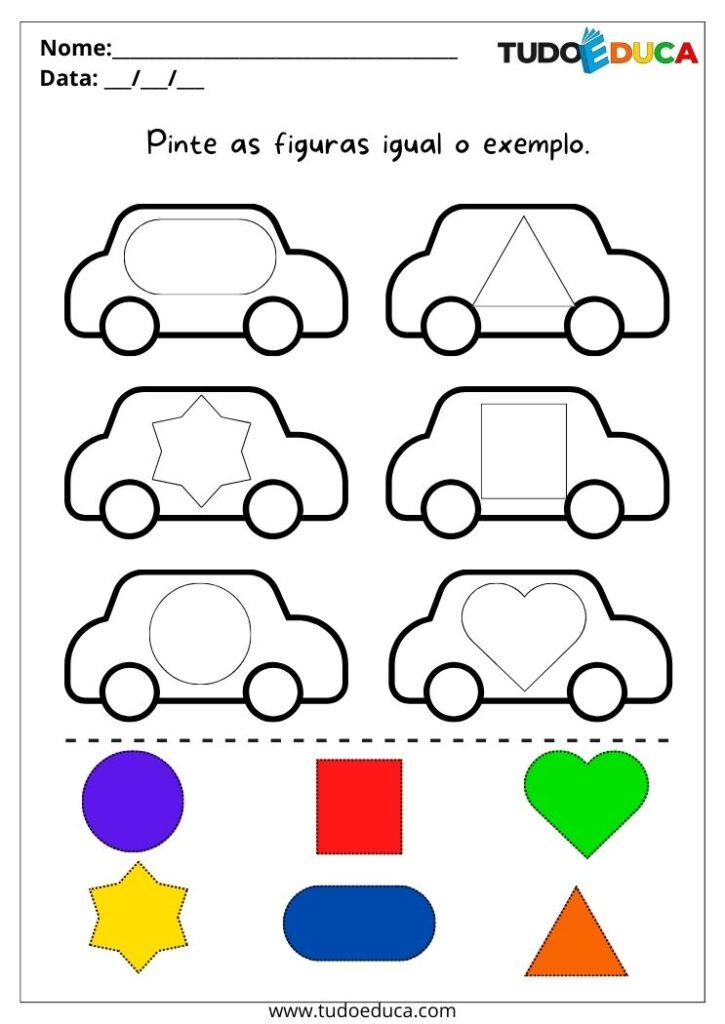 Atividade de educação inclusiva para autistas pinte as figuras dos carros de acordo com a indicação das formas
