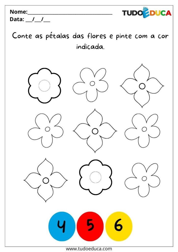 Atividade de educação inclusiva para autistas pinte as flores de acordo com a orientação dos números
