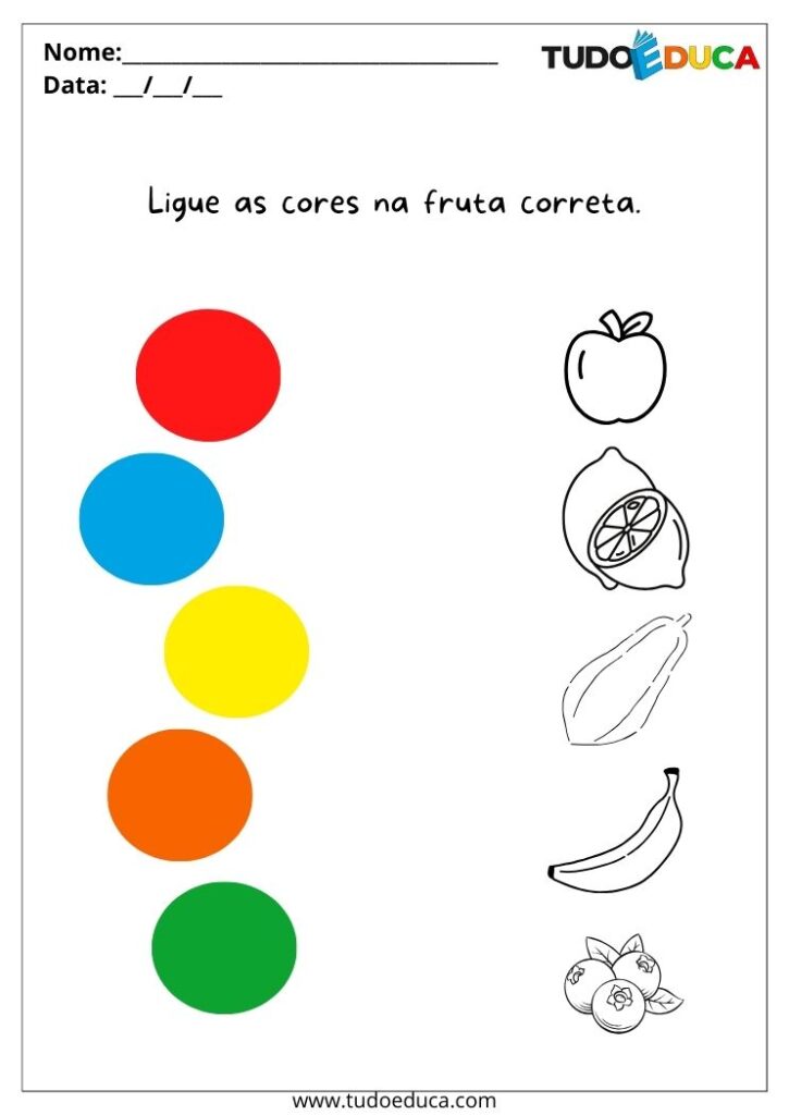 Atividade de educação inclusiva para autistas pinte as frutas e ligue na cor correta