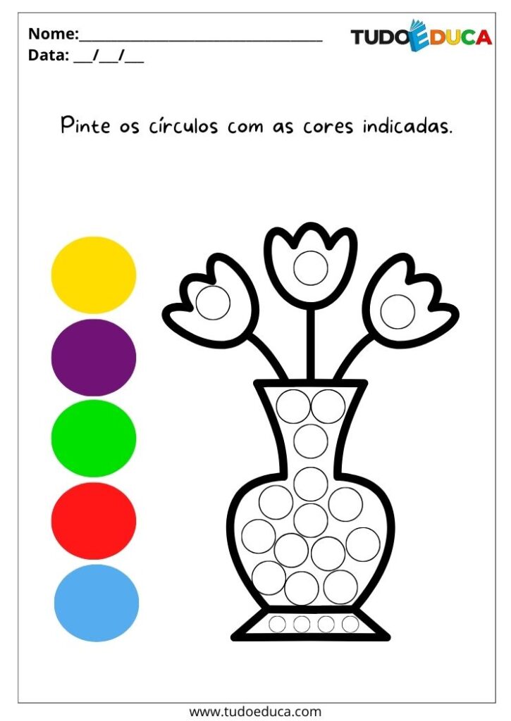 Atividade de educação inclusiva para autistas pinte o vaso e as flores usando as cores ao lado