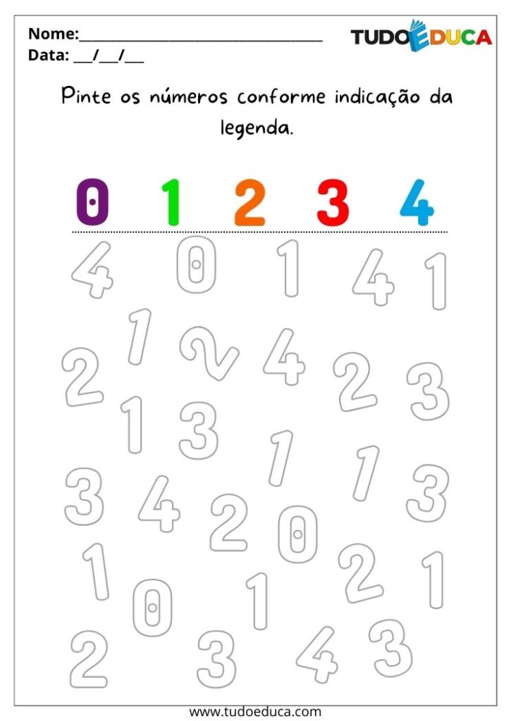 Atividade de educação inclusiva para autistas pinte os números seguindo a indicação da legenda
