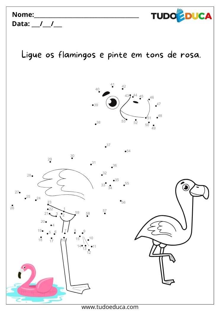 Atividade de ligar os números e pintar o flamingo para imprimir