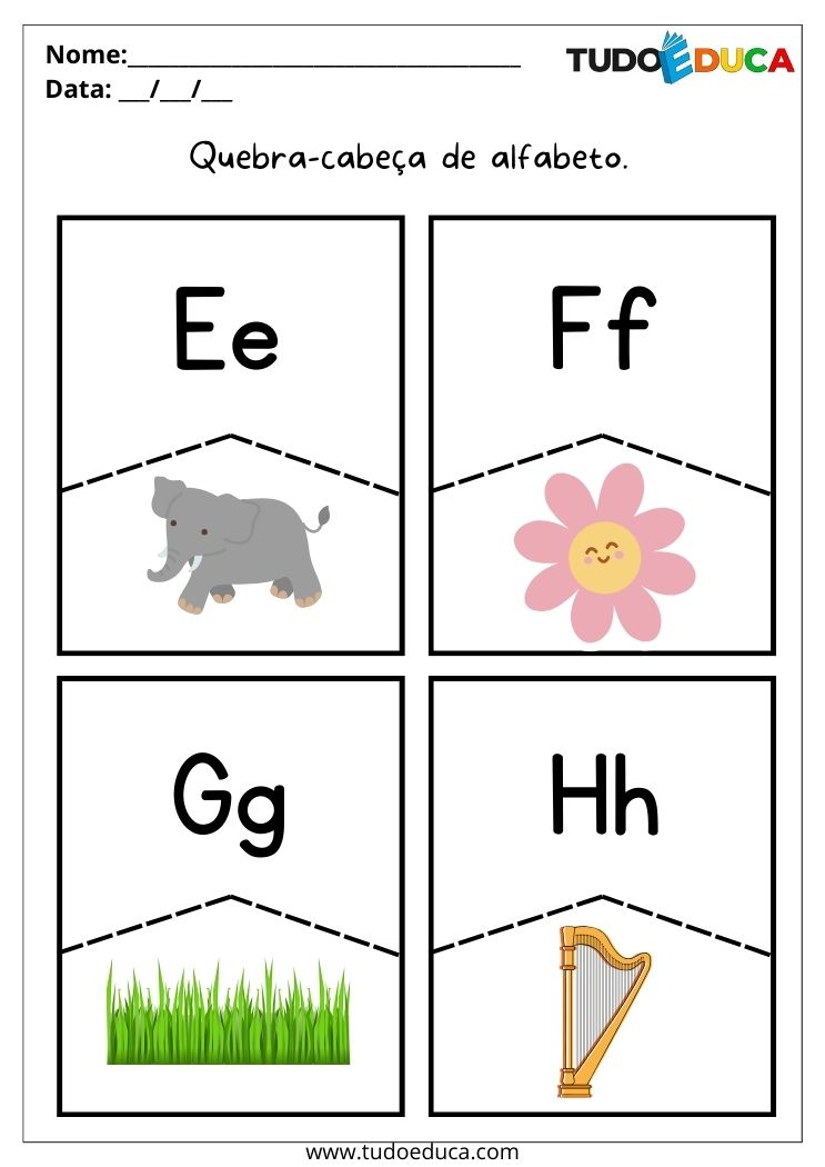 Atividades de quebra-cabeça com alfabeto para autista letras de E a H