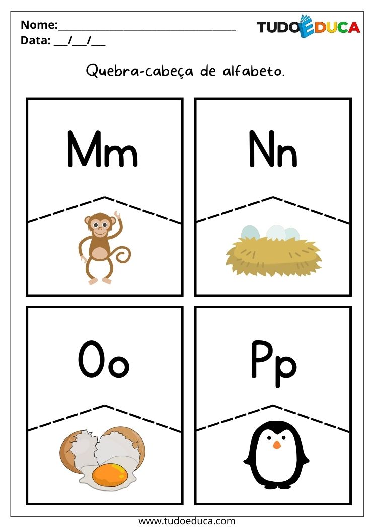 Atividades de quebra-cabeça com alfabeto para autista letras de M a P