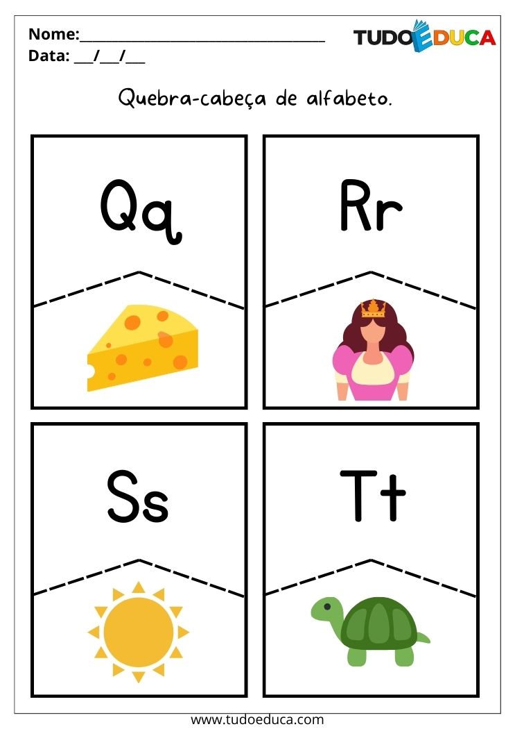 Atividades de quebra-cabeça com alfabeto para autista letras de Q a T