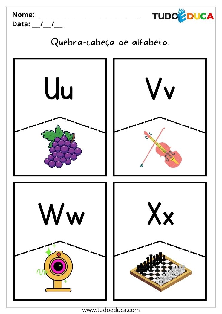 Atividades de quebra-cabeça com alfabeto para autista letras de U a X
