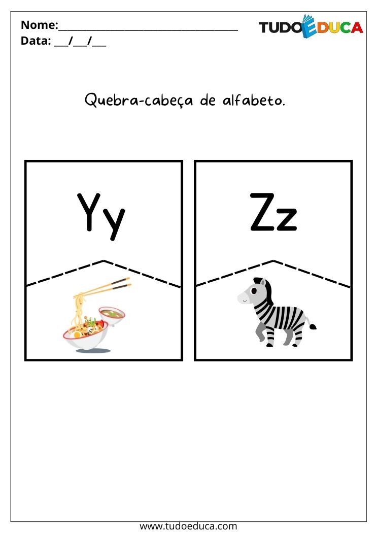 Atividades de quebra-cabeça com alfabeto para autista letras de Y a Z