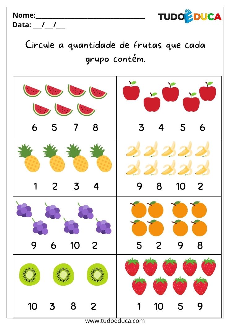 Atividade Lúdica de Alimentação Saudável para Educação Infantil circule a quantidade de frutas que cada quadrado possui