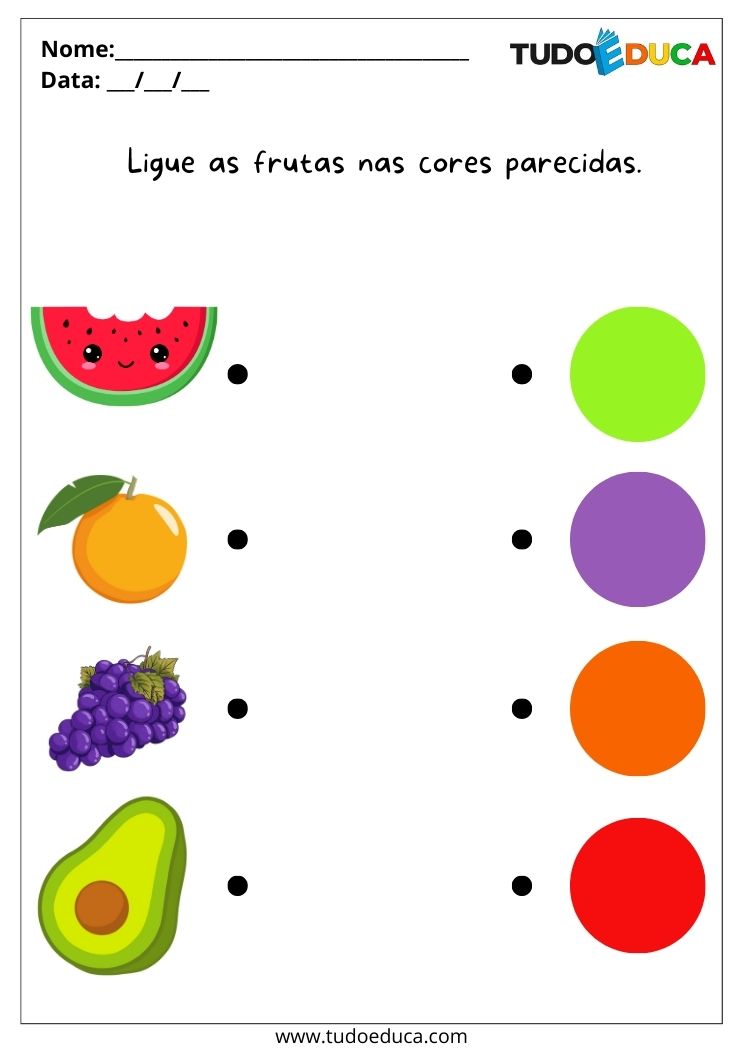 Atividade Lúdica de Alimentação Saudável para Educação Infantil ligue as frutas nas cores iguais