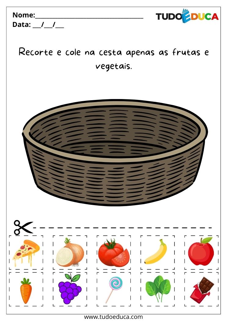Atividade Lúdica de Alimentação Saudável para Educação Infantil recorte e cole apenas as frutas e verduras e cole na cesta