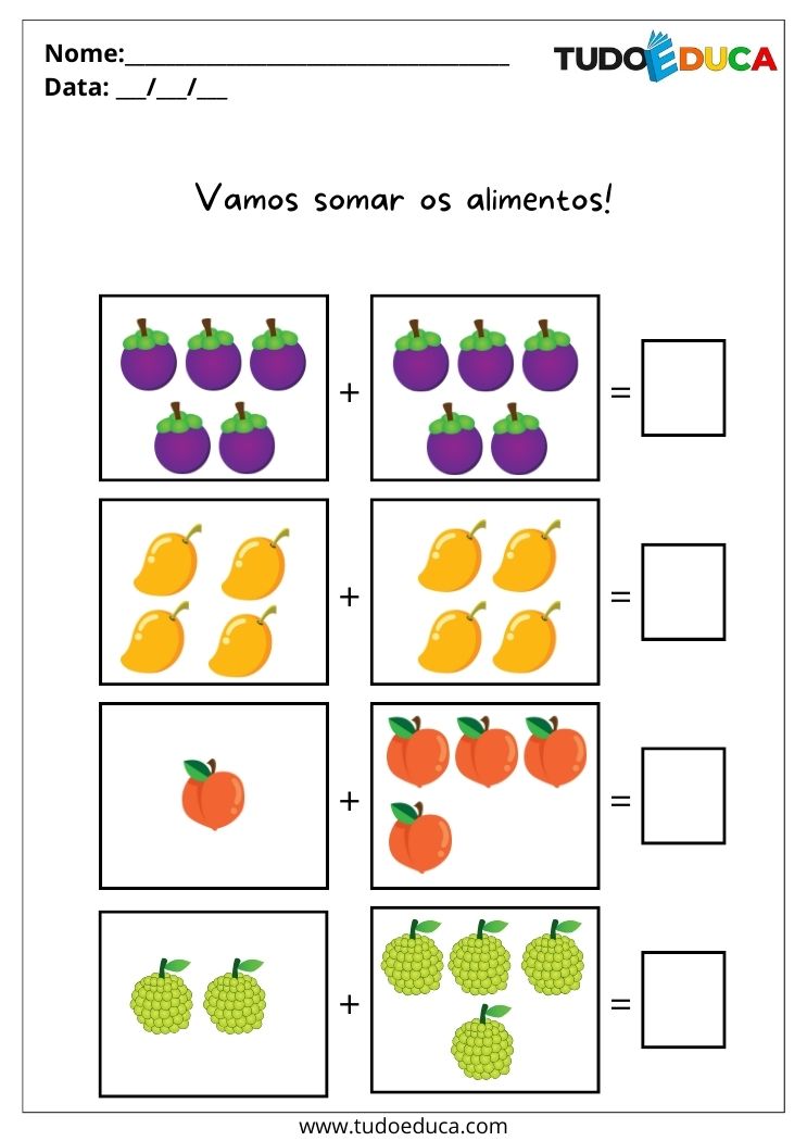Atividade Lúdica de Alimentação Saudável para Educação Infantil some as frutas para imprimir