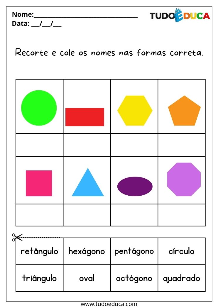 Atividade com Formas Geométricas para Educação Infantil cole o nome das formas na figuras corretas