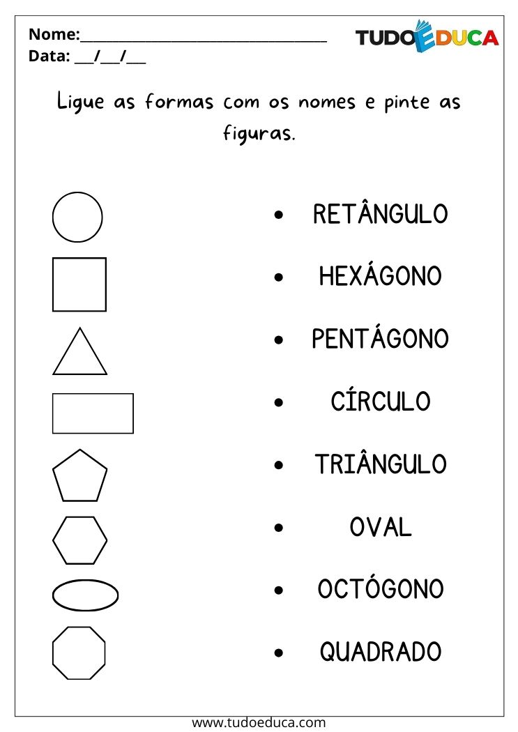 Atividade com Formas Geométricas para Educação Infantil pinte as formas e ligue no nome correto