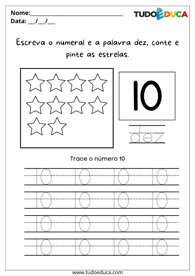 Atividade com Letras e Números para Alunos com Autismo pinte as estrelas, pratique o número dez e trace a palavra