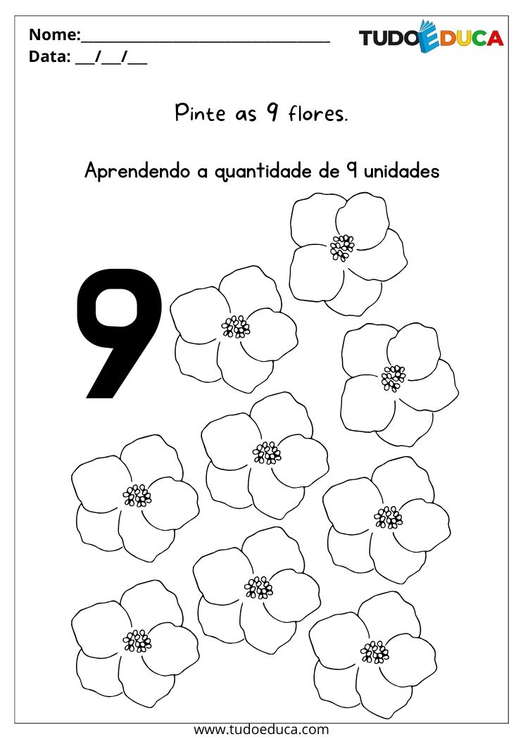 Atividade com Números para Educação Infantil pinte as nove flores