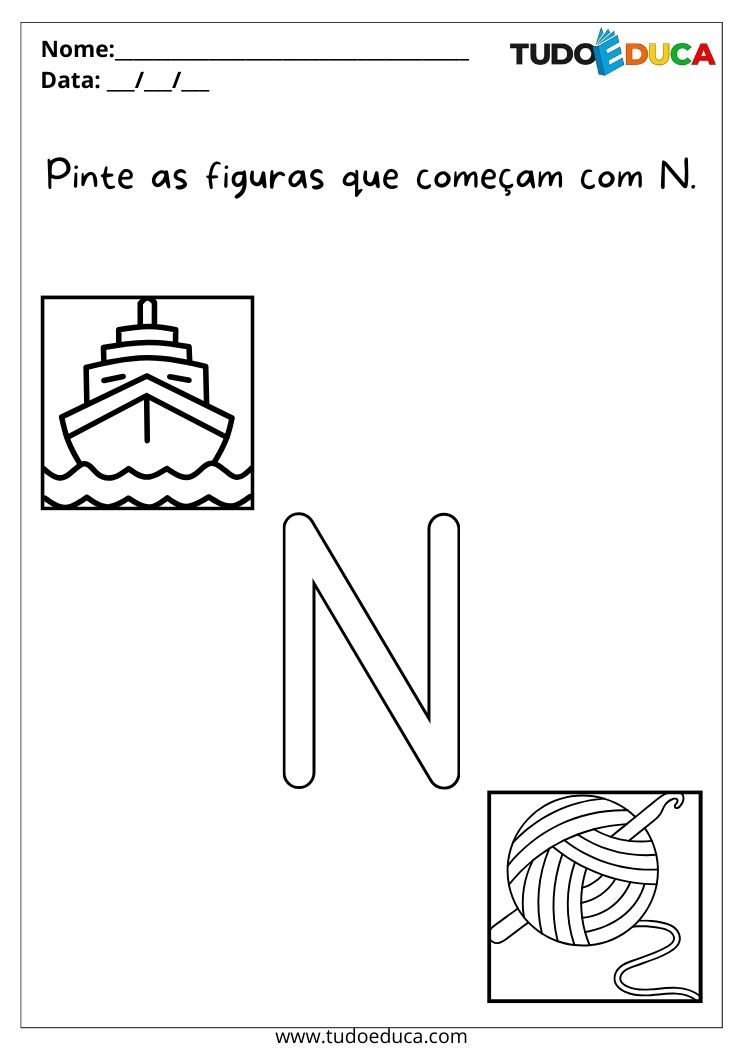 Atividade com letras para o maternal para imprimir pinte as figuras e a letra N