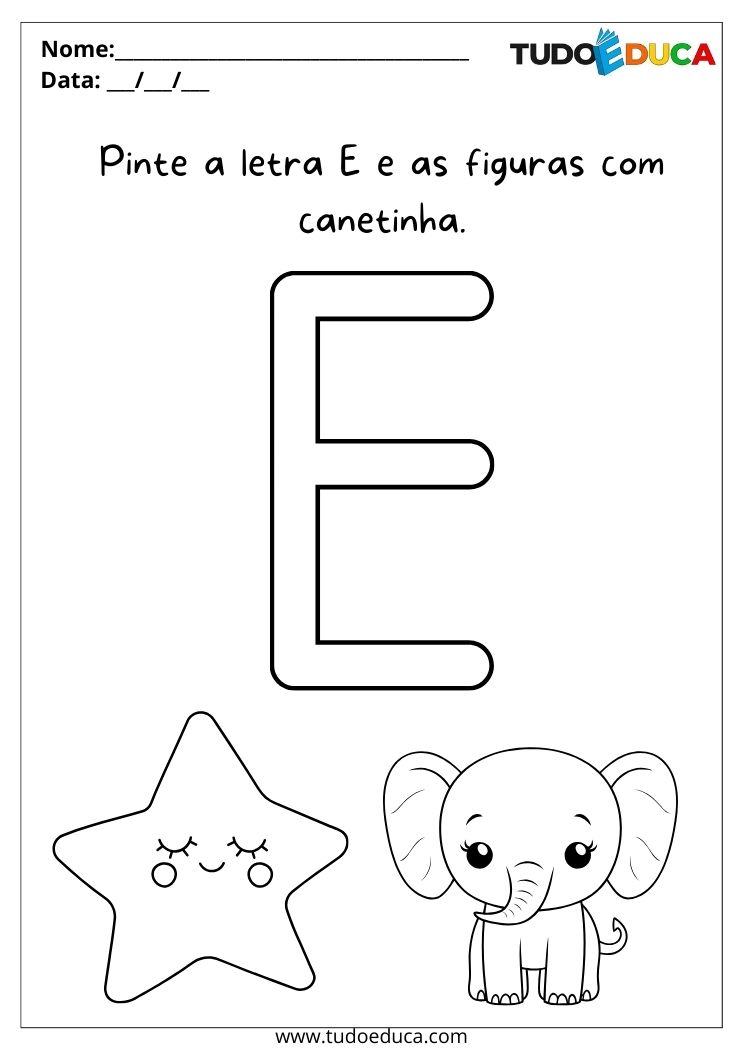 Atividade com letras para o maternal pinte o elefante, a estrela e a letra E com canetinha