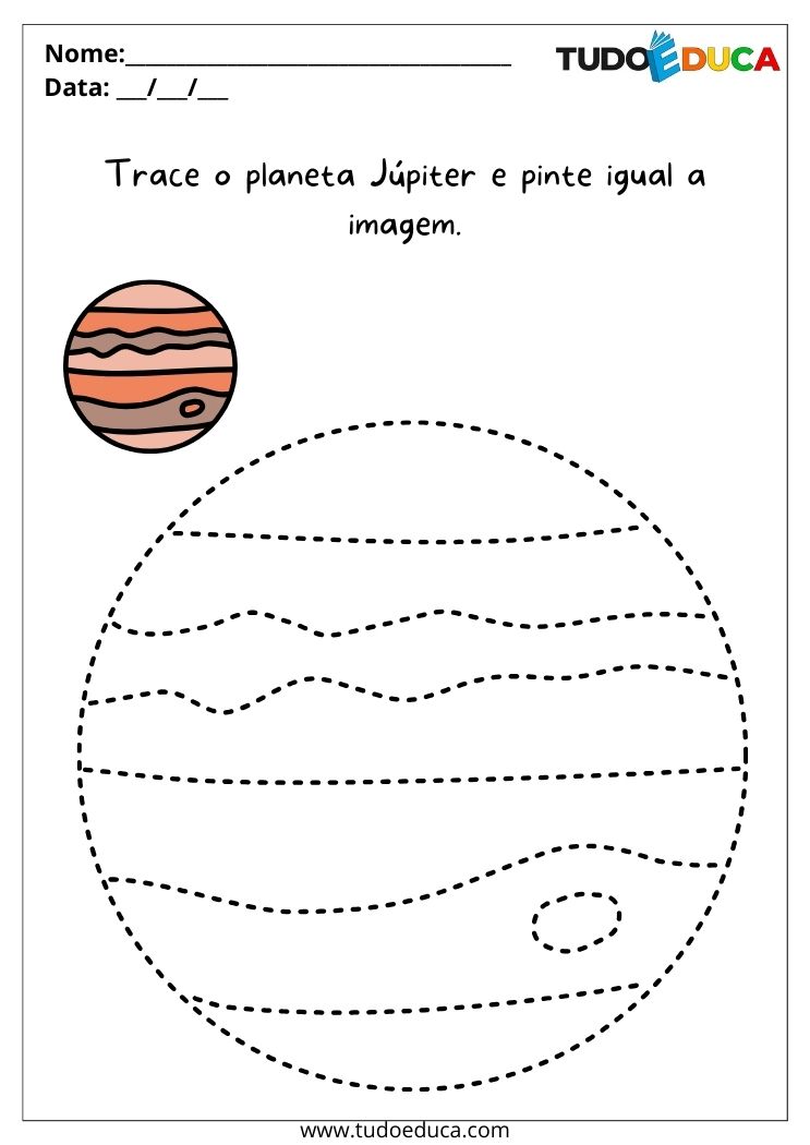 Atividade do sistema solar para alunos autistas pinte o planeta júpter igual o exemplo
