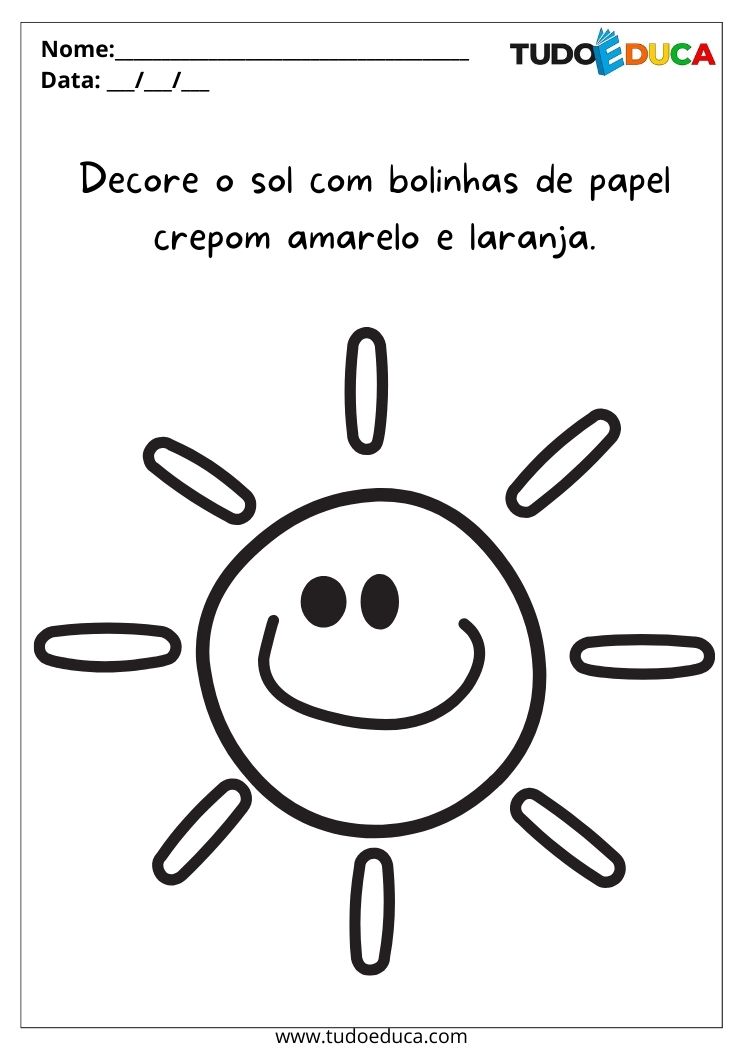 Atividade para o Maternal para Imprimir decore o sol com papel crepom amarelo e laranja