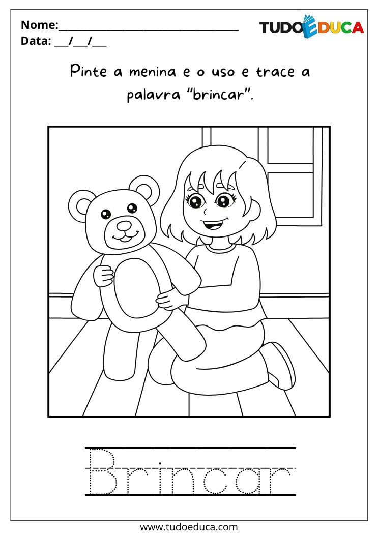 Atividade sobre Brincadeiras e Hobbies para Crianças Autistas pinte a menina e o urso e escreva a palavra brincar